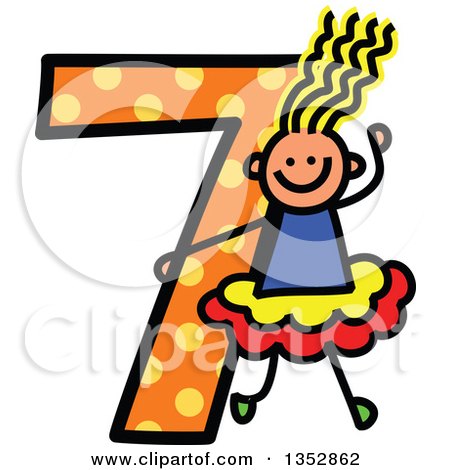 Clipart of a Doodled Toddler Art Sketched Yellow Haired White Girl Playing on a Giant Orange Polka Dot Number Seven - Royalty Free Vector Illustration by Prawny