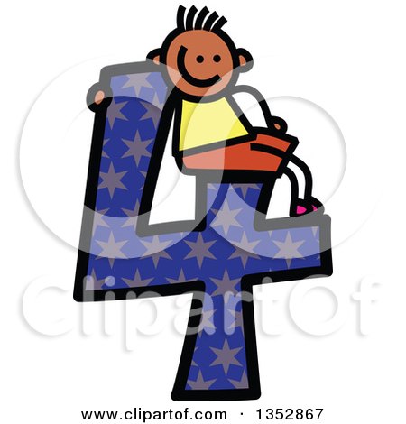 Clipart of a Doodled Toddler Art Sketched Black Boy Sitting on a Giant Star Patterned Number Four - Royalty Free Vector Illustration by Prawny