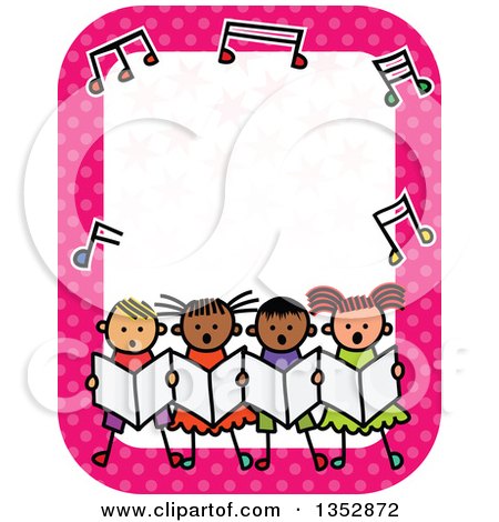 Clipart of a Doodled Toddler Art Sketched Group of Children Singing in Chorus Under Music Notes on a Pink Polka Dot Border - Royalty Free Vector Illustration by Prawny
