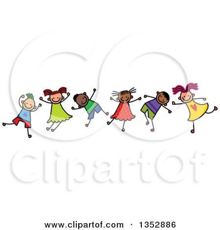 Clipart of a Doodled Toddler Art Sketched Group of Happy Children Dancing - Royalty Free Vector Illustration by Prawny