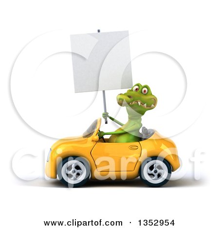Clipart of a 3d Crocodile Holding a Blank Sign and Driving a Yellow Convertible Car, on a White Background - Royalty Free Vector Illustration by Julos