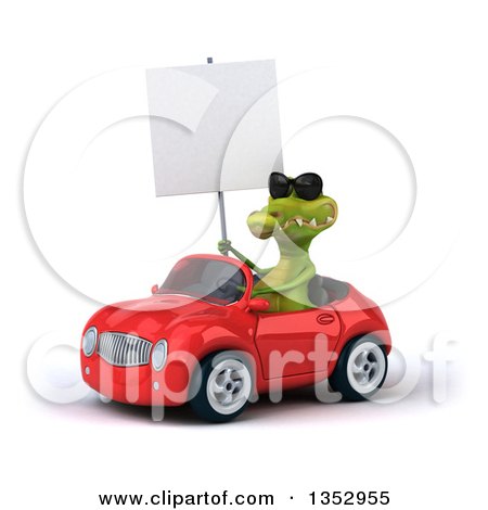 Clipart of a 3d Crocodile Wearing Sunglasses, Holding a Blank Sign and Driving a Red Convertible Car, on a White Background - Royalty Free Vector Illustration by Julos