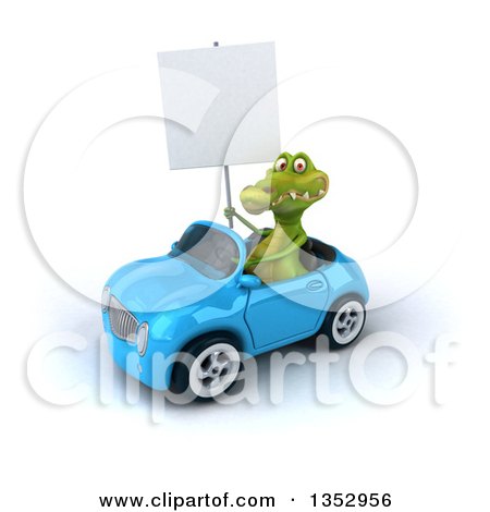 Clipart of a 3d Crocodile Holding a Blank Sign and Driving a Blue Convertible Car, on a White Background - Royalty Free Vector Illustration by Julos