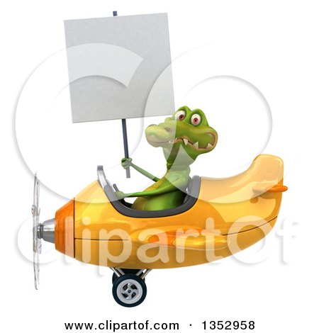 Clipart of a 3d Crocodile Aviatior Pilot Holding a Blank Sign and Flying a Yellow Airplane, on a White Background - Royalty Free Vector Illustration by Julos