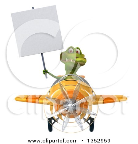 Clipart of a 3d Crocodile Aviatior Pilot Holding a Blank Sign and Flying a Yellow Airplane, on a White Background - Royalty Free Vector Illustration by Julos
