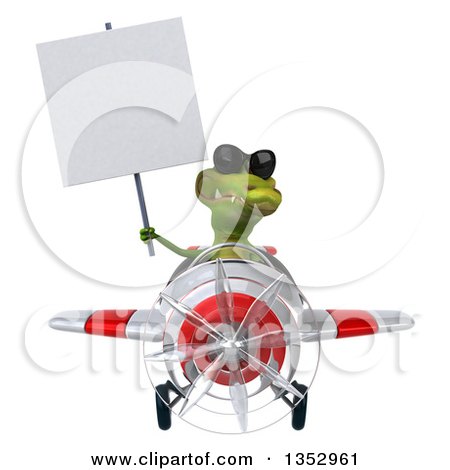 Clipart of a 3d Crocodile Aviatior Pilot Wearing Sunglasses, Holding a Blank Sign and Flying a White and Red Airplane, on a White Background - Royalty Free Vector Illustration by Julos