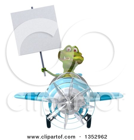 Clipart of a 3d Crocodile Aviatior Pilot Holding a Blank Sign and Flying a Blue Airplane, on a White Background - Royalty Free Vector Illustration by Julos