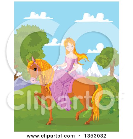 Clipart of a Red Haired Princess Riding a Brown Horse Against Mountains - Royalty Free Vector Illustration by Pushkin