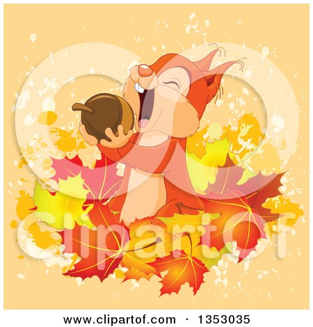 Clipart of a Cute Squirrel Eating an Acorn, over Autumn Leaves and Grunge Splatters on Orange - Royalty Free Vector Illustration by Pushkin