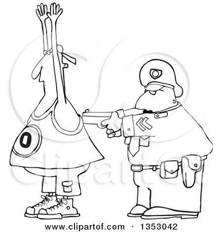Outline Clipart of a Cartoon Black and White Police Officer Arresting a Man - Royalty Free Lineart Vector Illustration by djart