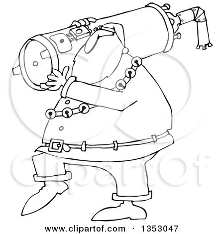 Outline Clipart of a Cartoon Black and White Christmas Santa Carrying a Water Heater - Royalty Free Lineart Vector Illustration by djart