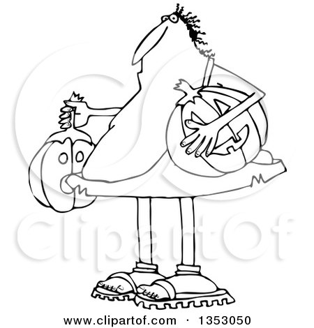 Lineart Clipart of a Cartoon Black and White Caveman Holding Halloween Jackolantern Pumpkins - Royalty Free Outline Vector Illustration by djart