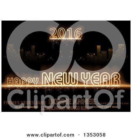 Clipart of a Happy New Year 2016 Greeting and Text in Different Languages over a City Background - Royalty Free Vector Illustration by dero