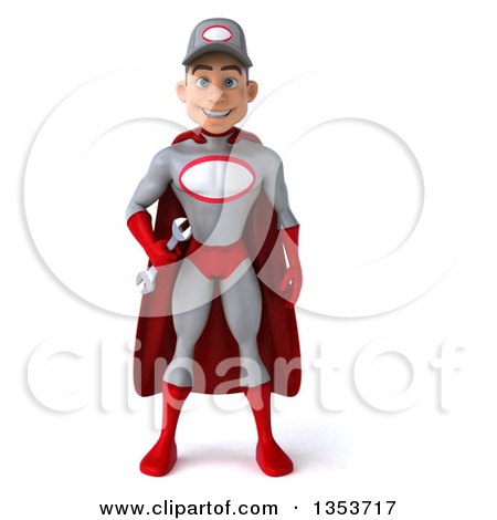 Clipart of a 3d Young White Male Super Hero Mechanic in Gray and Red, Holding a Wrench, on a White Background - Royalty Free Illustration by Julos