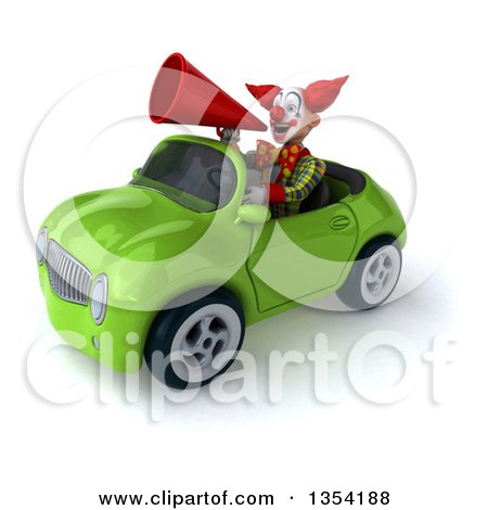 Clipart of a 3d Funky Clown Using a Megaphone and Driving a Green ...