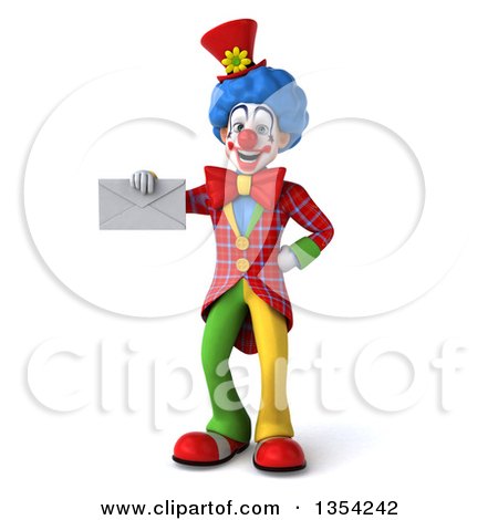 Clipart of a 3d Colorful Clown Holding an Envelope, on a White Background - Royalty Free Vector Illustration by Julos