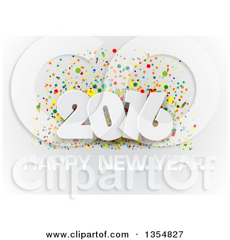 Clipart of a White 3d Happy New Year 2016 Greeting and Colorful Confetti on Gray - Royalty Free Vector Illustration by dero