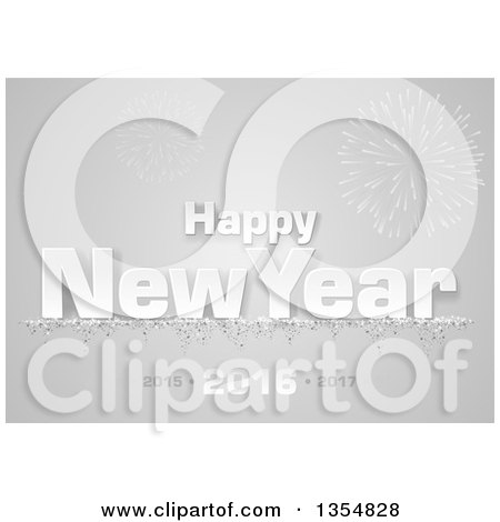 Clipart of a 3d White Happy New Year 2016 Greeting and Firework over Gray - Royalty Free Vector Illustration by dero