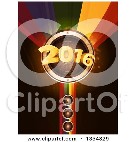 Clipart of a 3d Gold New Year 2016 Bursting from a Music Speaker over a Rainbow with Flares on Black - Royalty Free Vector Illustration by elaineitalia