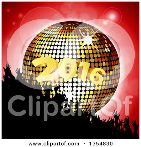 Clipart of a Silhouetted Crowd of Hands over a 3d Gold Disco Ball and New Year 2016 on Red - Royalty Free Vector Illustration by elaineitalia