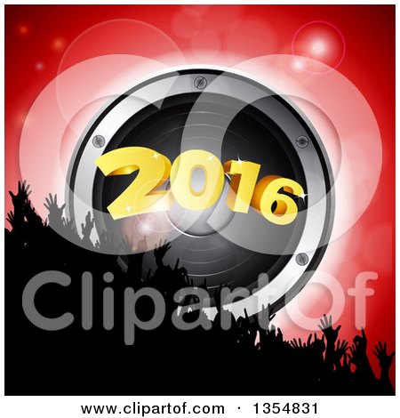 Clipart of a Silhouetted Crowd of Hands over a 3d Music Speaker and New Year 2016 over Red - Royalty Free Vector Illustration by elaineitalia