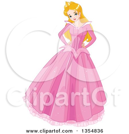 Clipart of a Happy Caucasian Princess, Sleeping Beauty, Posing in a Long Pink Dress with Both Hands on Her Hips - Royalty Free Vector Illustration by Pushkin