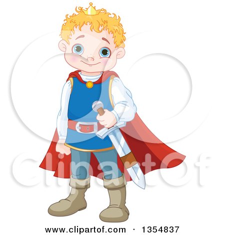 Clipart of a Cute, Blue Eyed Caucasian Prince with a Sword - Royalty Free Vector Illustration by Pushkin