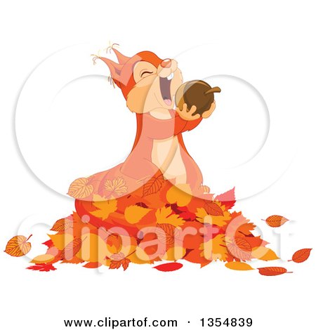 Clipart of a Cute Squirrel Eating an Acorn in a Pile of Autumn Leaves - Royalty Free Vector Illustration by Pushkin