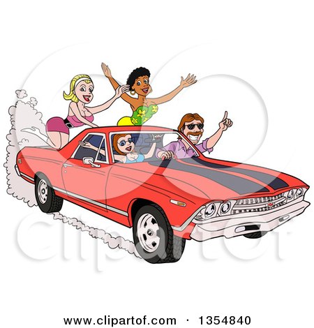 Clipart of a Cartoon Man Driving Around Sexy Women in a Red 1969 Cheverolet El Camino Muscle Car Coupe Utility Pickup - Royalty Free Vector Illustration by LaffToon