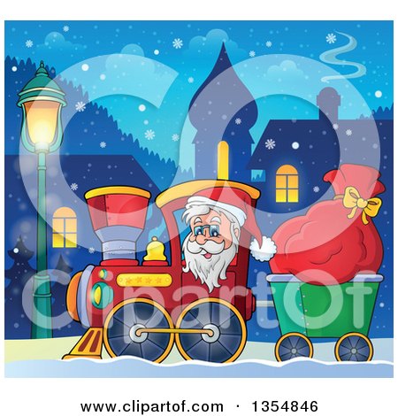 Clipart of a Cartoon Christmas Santa Claus Driving a Train and Pulling a Sack Through a Village at Night - Royalty Free Vector Illustration by visekart