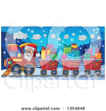 Clipart of a Cartoon Christmas Santa Claus Driving a Train and Pulling Carts of Gifts at Night - Royalty Free Vector Illustration by visekart