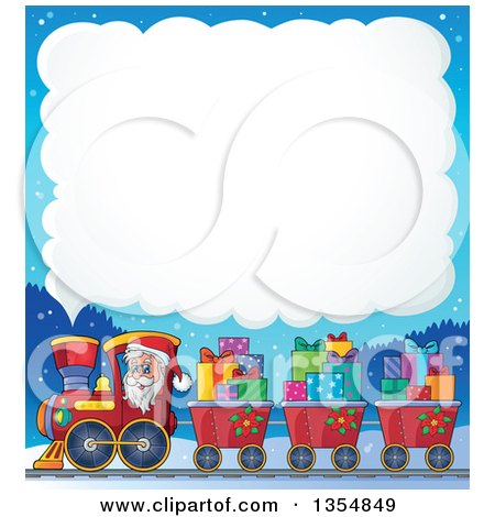 Clipart of a Cartoon Christmas Santa Claus Driving a Train and Pulling Carts of Gifts Under a Steam Cloud - Royalty Free Vector Illustration by visekart