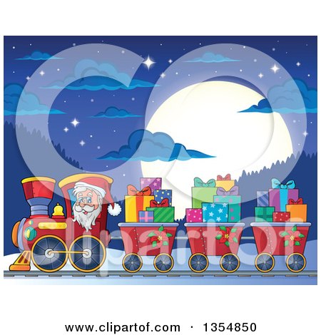 Clipart of a Cartoon Christmas Santa Claus Driving a Train and Pulling Carts of Gifts at Night Against a Full Moon - Royalty Free Vector Illustration by visekart