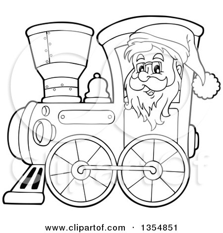 Outline Clipart of a Cartoon Black and White Christmas Santa Claus Driving a Train - Royalty Free Lineart Vector Illustration by visekart