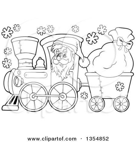 Outlined Clipart of a Cartoon Black and White Christmas Santa Claus Driving a Train and Pulling a Sack - Royalty Free Lineart Vector Illustration by visekart