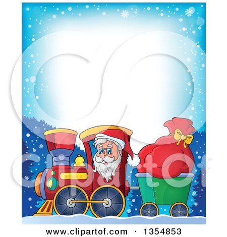 Clipart of a Cartoon Border of a Christmas Santa Claus Driving a Train and Pulling a Sack with Text Space - Royalty Free Vector Illustration by visekart