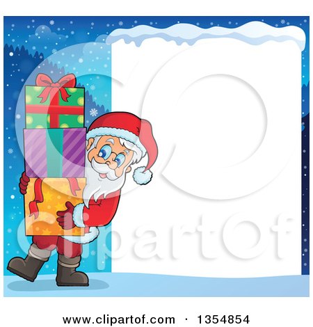 Clipart of a Cartoon Christmas Santa Claus Carrying a Stack of Gifts by a Snow Frame - Royalty Free Vector Illustration by visekart