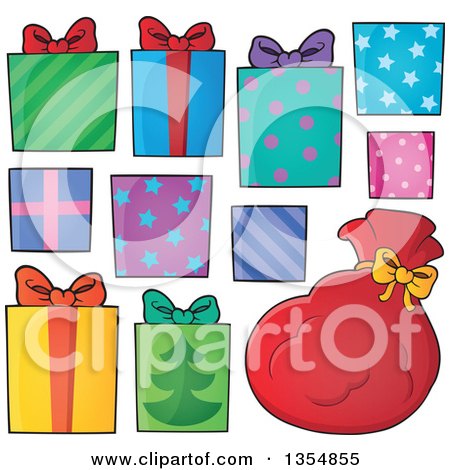 Clipart of Cartoon Christmas Gifts and Santas Sack - Royalty Free Vector Illustration by visekart