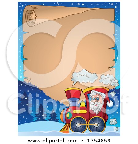 Clipart of a Cartoon Christmas Santa Claus Driving a Train Under a Parchment Scroll - Royalty Free Vector Illustration by visekart