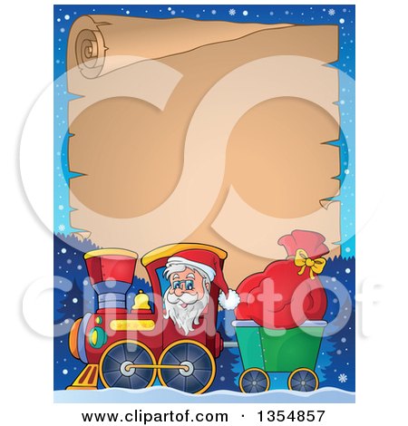Clipart of a Cartoon Christmas Santa Claus Driving a Train and Pulling a Sack Under a Parchment Scroll - Royalty Free Vector Illustration by visekart