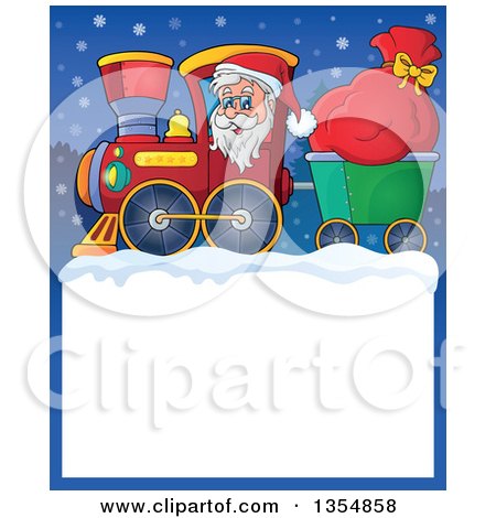 Clipart of a Cartoon Christmas Santa Claus Driving a Train and Pulling a Sack over a Snow Frame - Royalty Free Vector Illustration by visekart