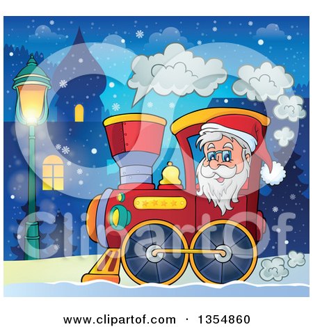 Clipart of a Cartoon Christmas Santa Claus Driving a Train Through a Village at Night - Royalty Free Vector Illustration by visekart