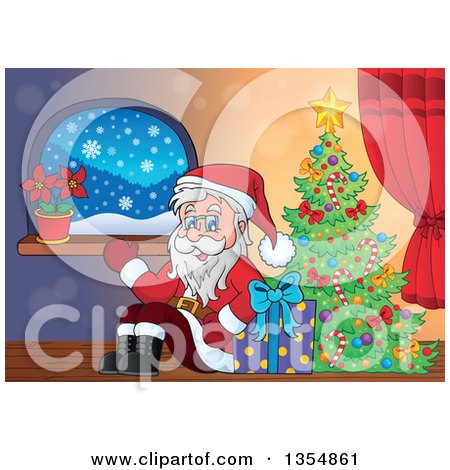 Clipart of a Cartoon Christmas Santa Claus Waving and Sitting with a Gift by a Tree - Royalty Free Vector Illustration by visekart