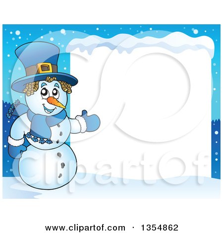 Clipart of a Cartoon Christmas Snowman Presenting a Blank Sign - Royalty Free Vector Illustration by visekart