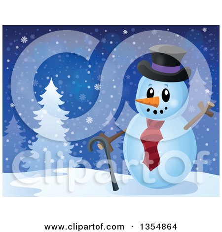 Clipart of a Cartoon Christmas Snowman Waving by Trees - Royalty Free Vector Illustration by visekart