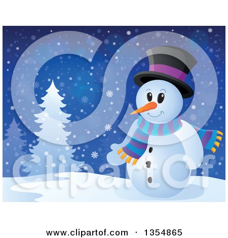 Clipart of a Cartoon Christmas Snowman by Trees - Royalty Free Vector Illustration by visekart