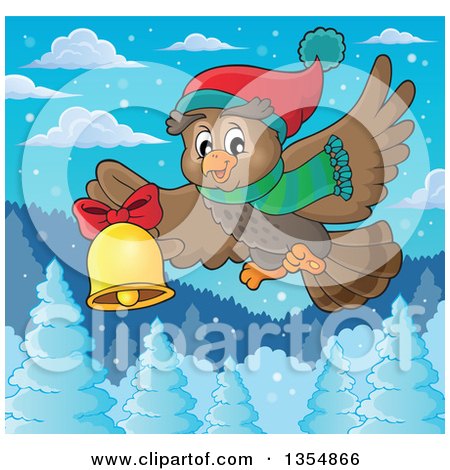 Clipart of a Cartoon Christmas Owl Wearing a Winter Scarf and Hat, Flying over a Snow Covered Forest and Ringing a Bell - Royalty Free Vector Illustration by visekart