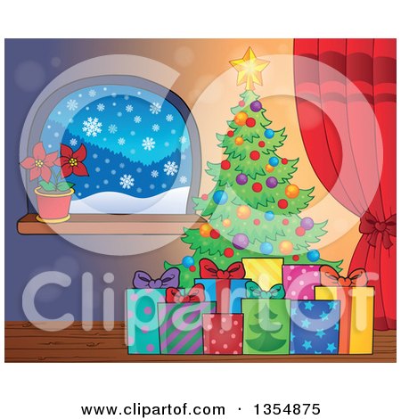 Clipart of a Cartoon Colorful Christmas Tree with Gifts near a Window with a Poinsettia - Royalty Free Vector Illustration by visekart