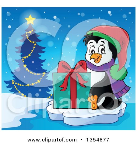 Clipart of a Cartoon Christmas Penguin Holding a Gift and Sitting on Ice near a Tree - Royalty Free Vector Illustration by visekart