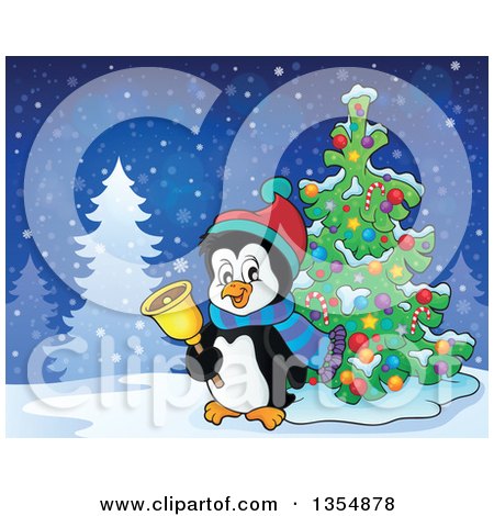 Clipart of a Cartoon Christmas Penguin Ringing a Bell by a Tree - Royalty Free Vector Illustration by visekart